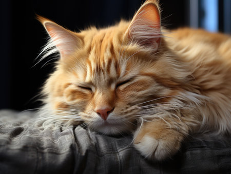 An orange cat is sleeping on a couchの素材