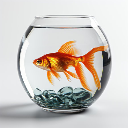 A goldfish in a fish bowl with rocks and waterの素材