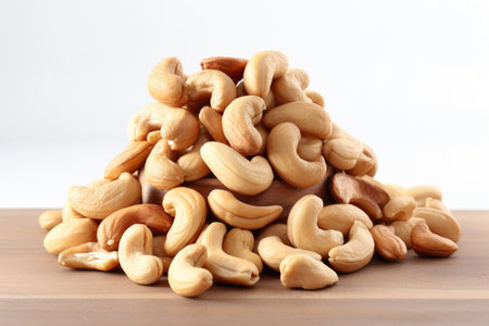 A pile of cashews sitting on top of a wooden tableの素材