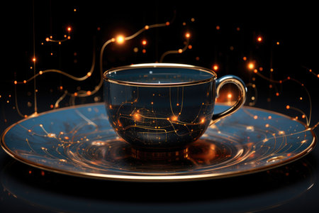 A coffee cup on a saucer on a plate. Caffeine constellations.の素材