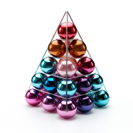 A pyramid of christmas balls on a white surfaceの素材