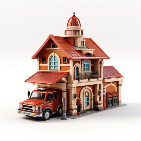 A red truck is parked in front of a buildingの素材