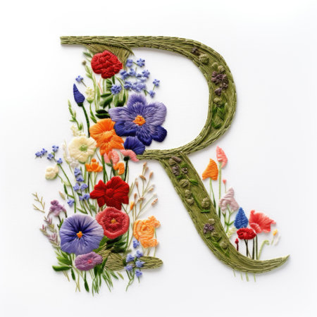 The letter r is made out of flowers, embroidery effect, floral design.の素材