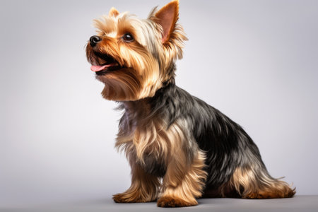A small yorkshire terrier dog sitting on top of a tableの素材