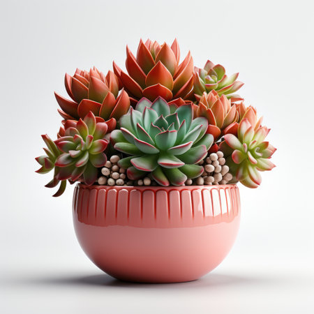 A pink vase filled with lots of succulents, clipart on white backgroundの素材