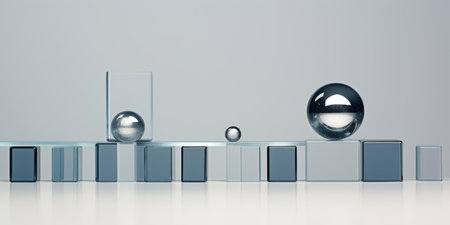 A group of glass cubes with a silver sphere in the middleの素材