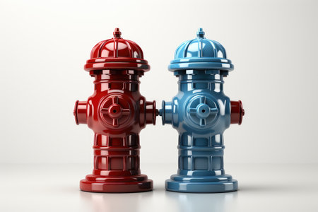 A red and blue fire hydrant sitting next to each otherの素材