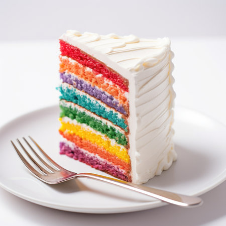 A slice of rainbow cake on a plate.の素材