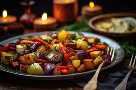 A plate of vegetables on a table with candlesの素材