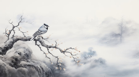 A painting of a bird perched on a tree branchの素材