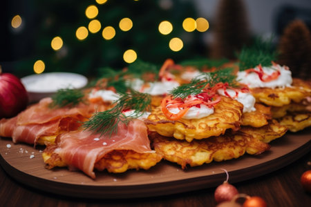 A wooden plate topped with pancakes covered in toppingsの素材