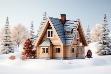 A small wooden house in the middle of a snowy fieldの素材
