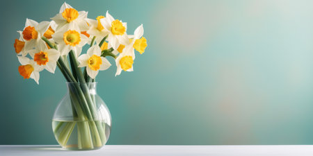 A vase filled with white and yellow daffodil flowers, copyspace, place for textの素材