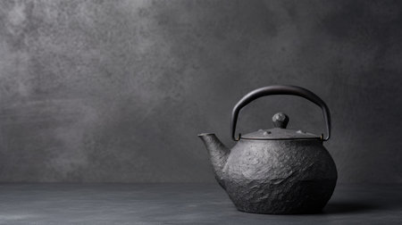 A black teapot sitting on top of a table, copy space, place for textの素材