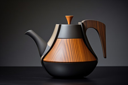 A tea pot with a wooden handle on a tableの素材