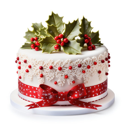 A cake decorated with holly leaves and red berries, white Christmas cake.の素材