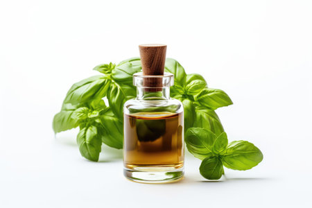 A bottle of basil oil next to a sprig of basil on white.の素材