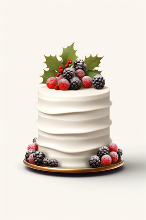 A white cake with berries and holly leaves on topの素材