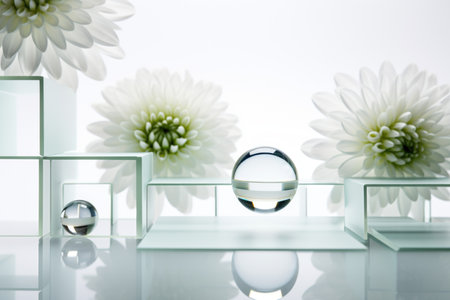 A glass vase with flowers in it and a ball in front of itの素材