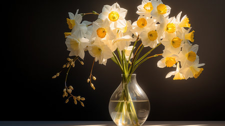 A vase filled with white and yellow daffodil flowersの素材