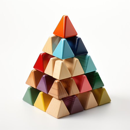 A stack of colorful wooden pyramids on a white surface, clipart on white backgroundの素材