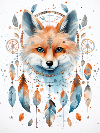 A watercolor painting of a fox with feathersの素材