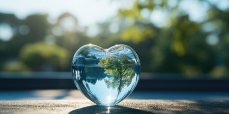 A glass heart shaped object sitting on top of a table. Green movement, save the planet bannerの素材