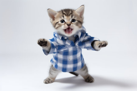 A kitten wearing a blue and white checkered shirtの素材