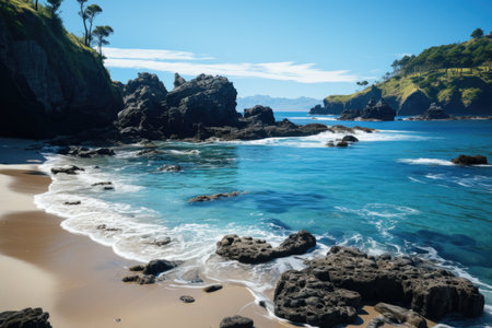 A sandy beach with rocks and water on a sunny dayの素材