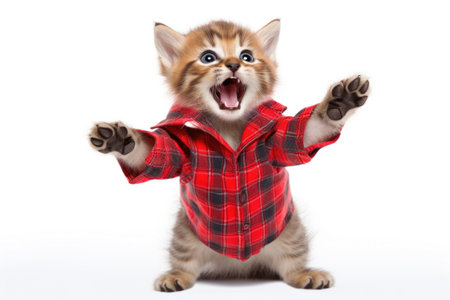 A kitten wearing a red and black plaid shirtの素材