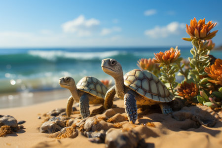 A group of turtles sitting on top of a sandy beachの素材