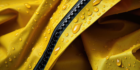 A close up of a yellow jacket with water droplets on itの素材