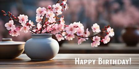 Text Happy Birthday, spring greeting card, a wooden table topped with pink flowers.の素材