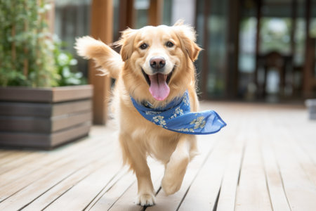 A dog running on a wooden deck with a blue bandanna around its neckの素材