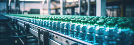 A conveyor belt filled with bottles of waterの素材