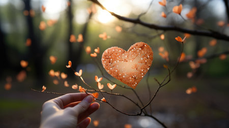 A person holding a heart shaped cookie on a tree branchの素材