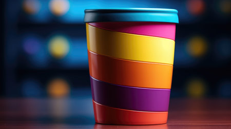A colorful cup sitting on top of a wooden tableの素材