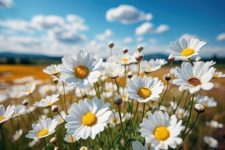 A field of white flowers with a blue sky in the background, daisy flowers on a field.の素材