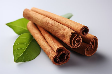 Cinnamon sticks with leaves on a white surfaceの素材