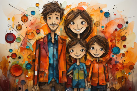 A painting of a family of four standing togetherの素材