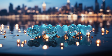A group of blue heart shaped candles sitting on top of a tableの素材