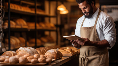 A man in an apron is looking at a tablet, bakery worker.の素材