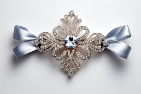 A brooch with a blue ribbon and a bowの素材