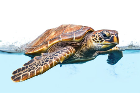 A turtle swimming in the water with its head above waterの素材