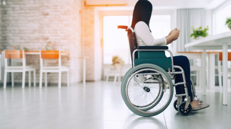 A woman sitting in a wheel chair in a roomの素材