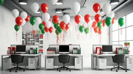 A room with a bunch of desks and balloons, modern office decorated for Valentines celebration or birthday.の素材