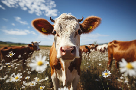A brown and white cow standing in a field of flowersの素材