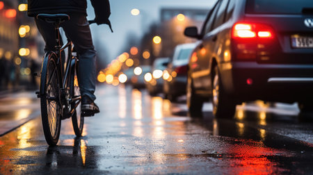 A person riding a bike down a wet streetの素材