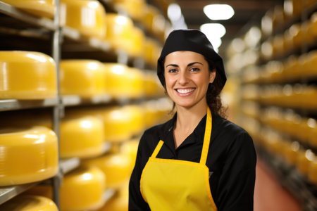 A woman in an apron standing in front of a wall of cheese, cheese production facility.の素材