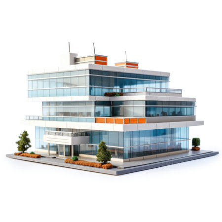 A model of a modern office building on a white surfaceの素材